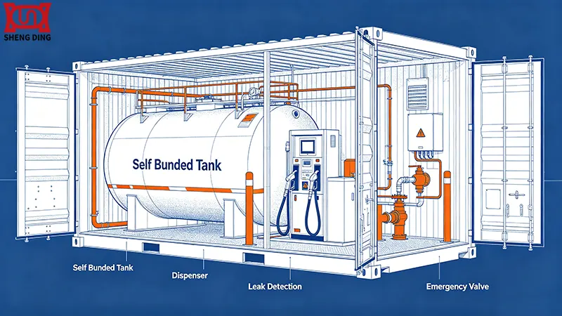 Container fuel station cutaway showing self bunded tank, dispenser and safety components Container fuel station cutaway showing self bunded tank, dispenser and safety components