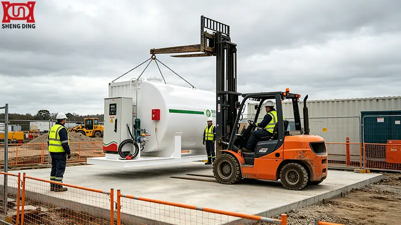 Mobile skid-mounted fuel station being relocated at construction site Mobile skid-mounted fuel station being relocated at construction site