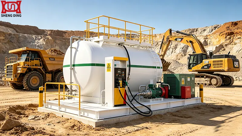 Skid-mounted fuel station at open-pit mining site with heavy equipment refuelling Skid-mounted fuel station at open-pit mining site with heavy equipment refuelling