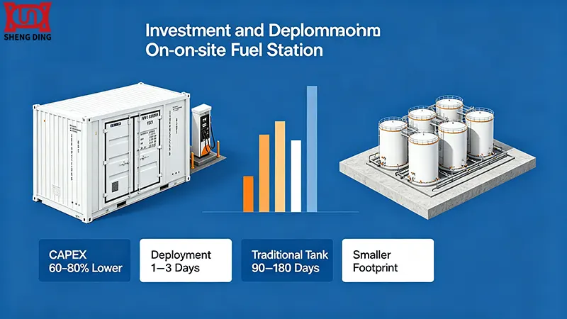 Container fuel station vs traditional tank cost comparison showing 60-80 percent lower investment and faster deployment Container fuel station vs traditional tank cost comparison showing 60-80 percent lower investment and faster deployment
