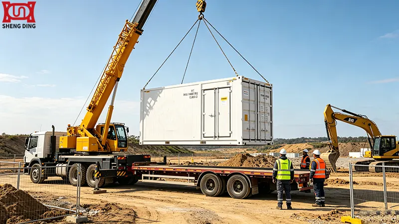 Relocatable container fuel station with crane lifting ISO container for redeployment to new construction or mining site Relocatable container fuel station with crane lifting ISO container for redeployment to new construction or mining site