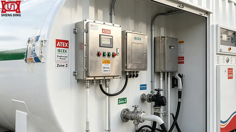 ATEX and IECEx explosion-proof certification labels on skid-mounted fuel station electrical control panel for export compliance ATEX and IECEx explosion-proof certification labels on skid-mounted fuel station electrical control panel for export compliance