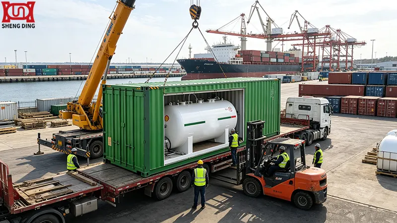 Skid-mounted fuel station export shipping in ISO container for international delivery to overseas project site Skid-mounted fuel station export shipping in ISO container for international delivery to overseas project site