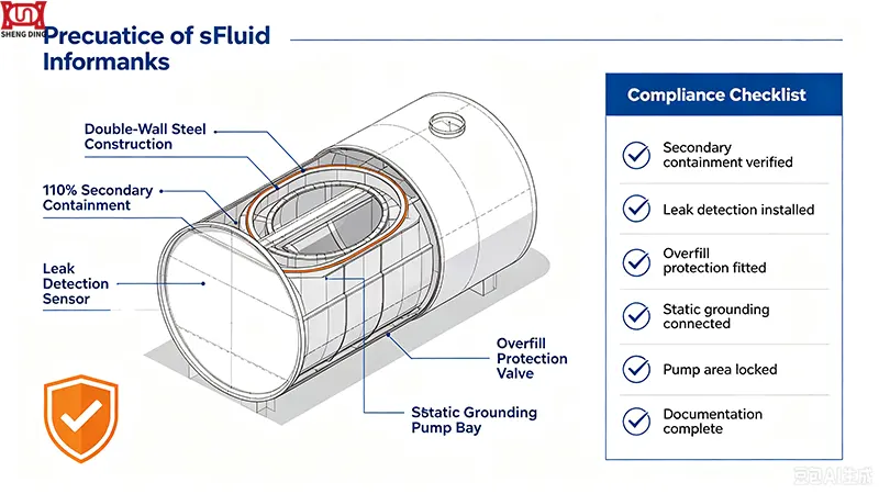 Self bunded tank safety and compliance checklist including 110% secondary containment and leak detection Self bunded tank safety and compliance checklist including 110% secondary containment and leak detection