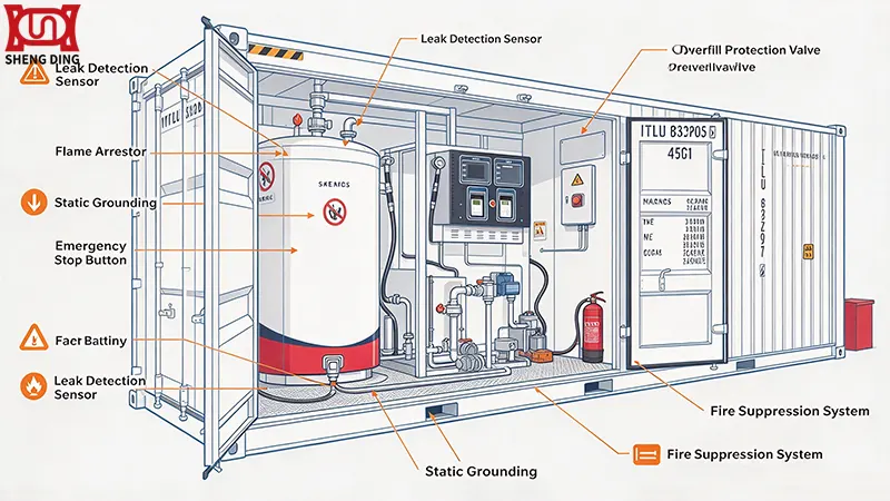 Safety systems inside container fuel station including leak detection and overfill protection Safety systems inside container fuel station including leak detection and overfill protection