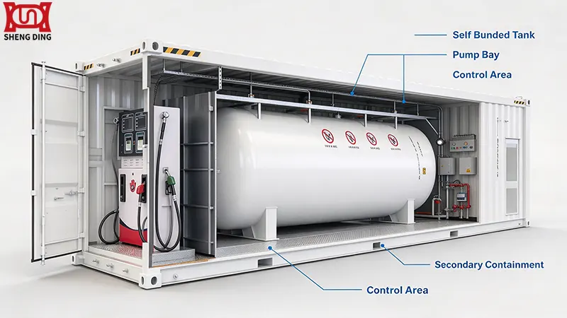 Cutaway view of self bunded tank inside container fuel station Cutaway view of self bunded tank inside container fuel station