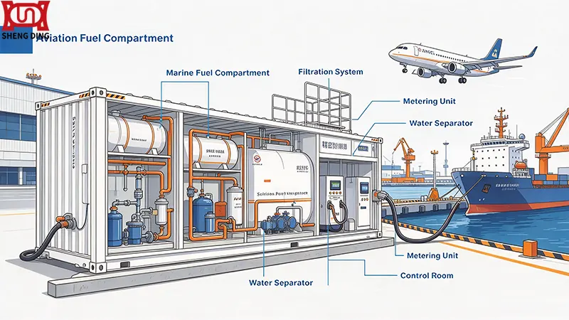 Aviation and marine specialised mobile fuel station layout with filtration system
