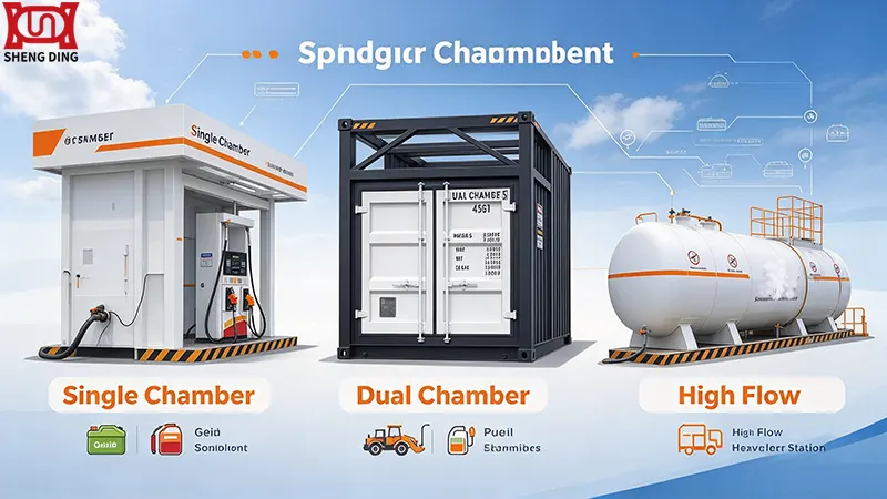Comparison of custom mobile fuel station layouts including single and dual chamber designs