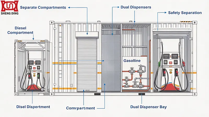 Dual chamber mobile fuel station layout with separate diesel and gasoline compartments