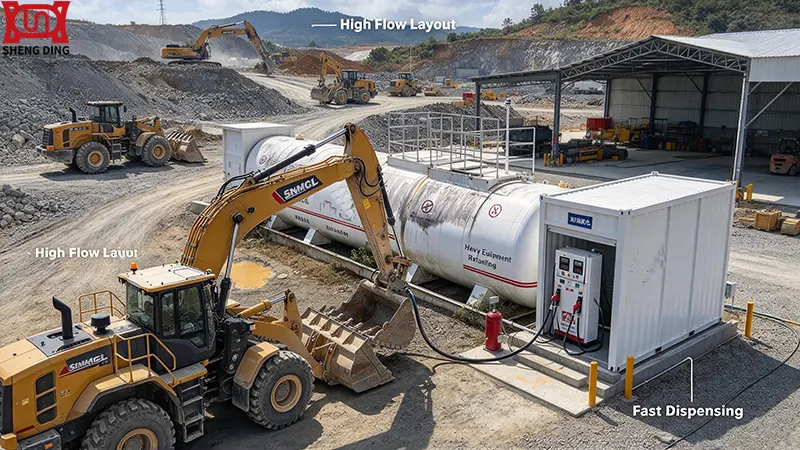 High flow mobile fuel station layout for mining and construction heavy equipment refueling
